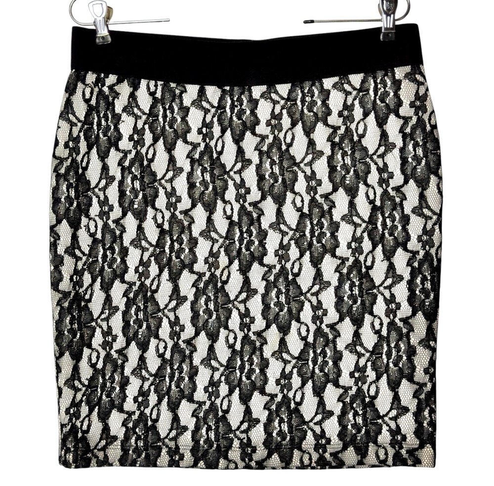 Black Floral Lace Pencil Skirt Karen Kane M Y2K USA Pull On Office Siren Party